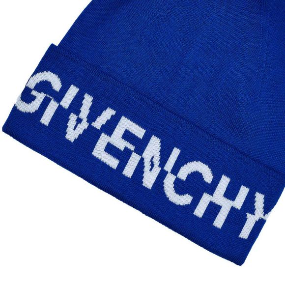 Givenchy Unisex Wool Ribbed Split White Logo Beanie Royal Blue - Picture 3 of 3
